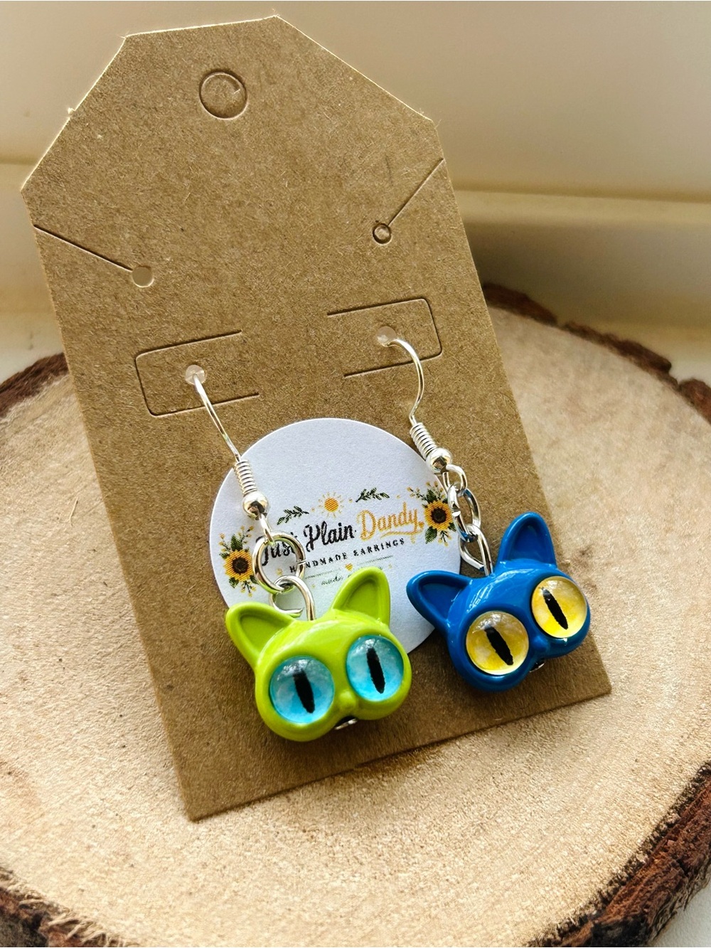 Colorful Cat Dangle Earrings Blue Green Cat Earrings Handmade Animal Earrings